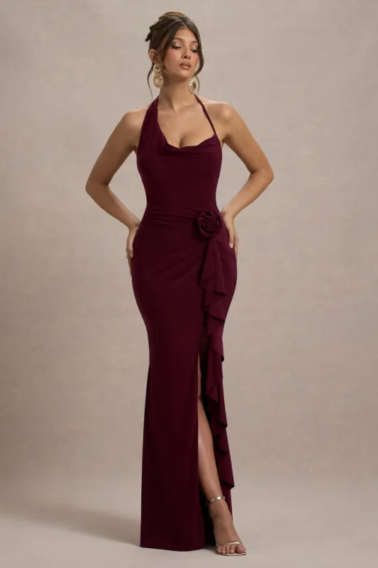Lucena | Burgundy Cowl-Neck Wrap Maxi Dress With Floral Drape sold by Club L London