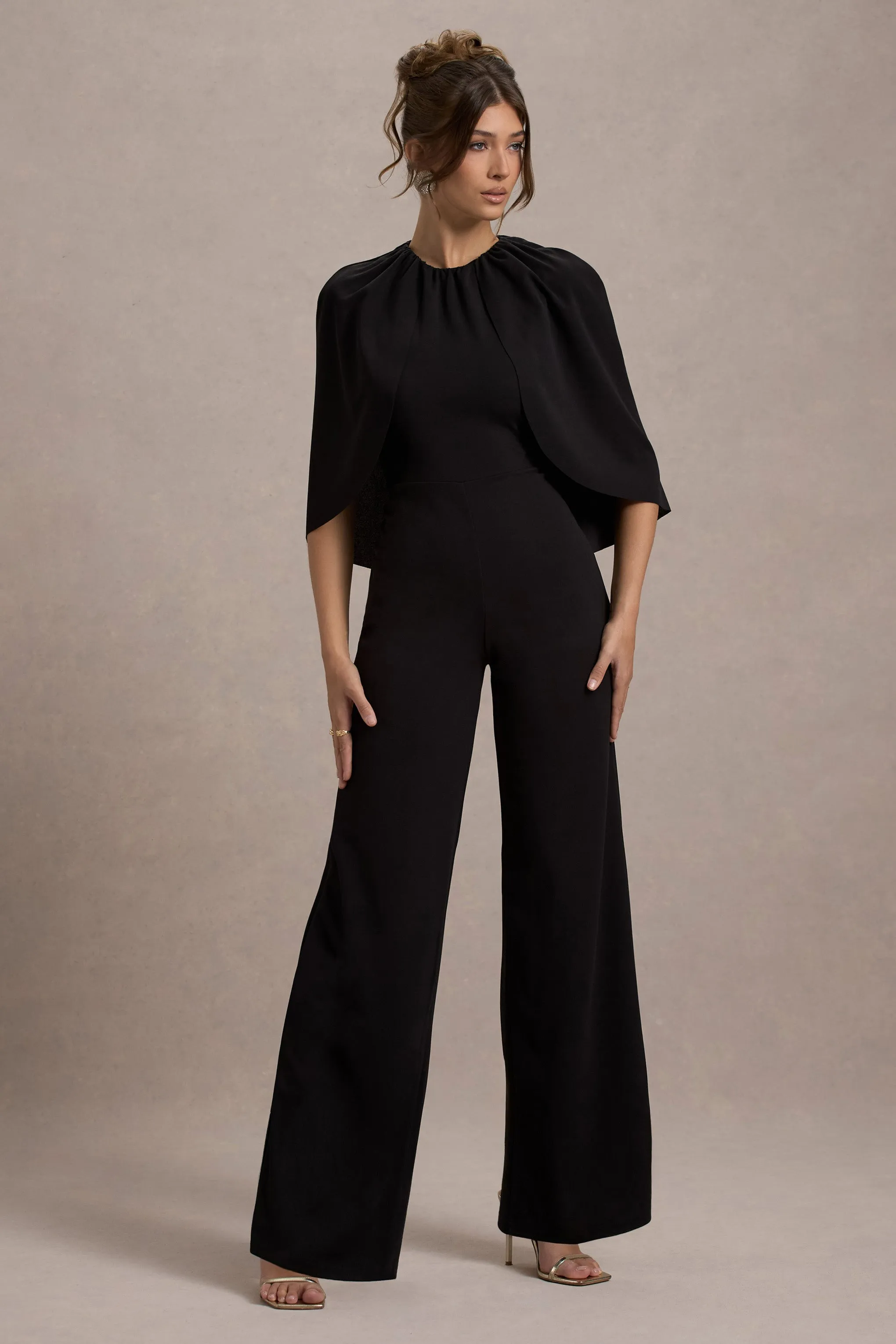 Arbor | Black Cape-Sleeve Straight-Leg Jumpsuit sold by Club L London