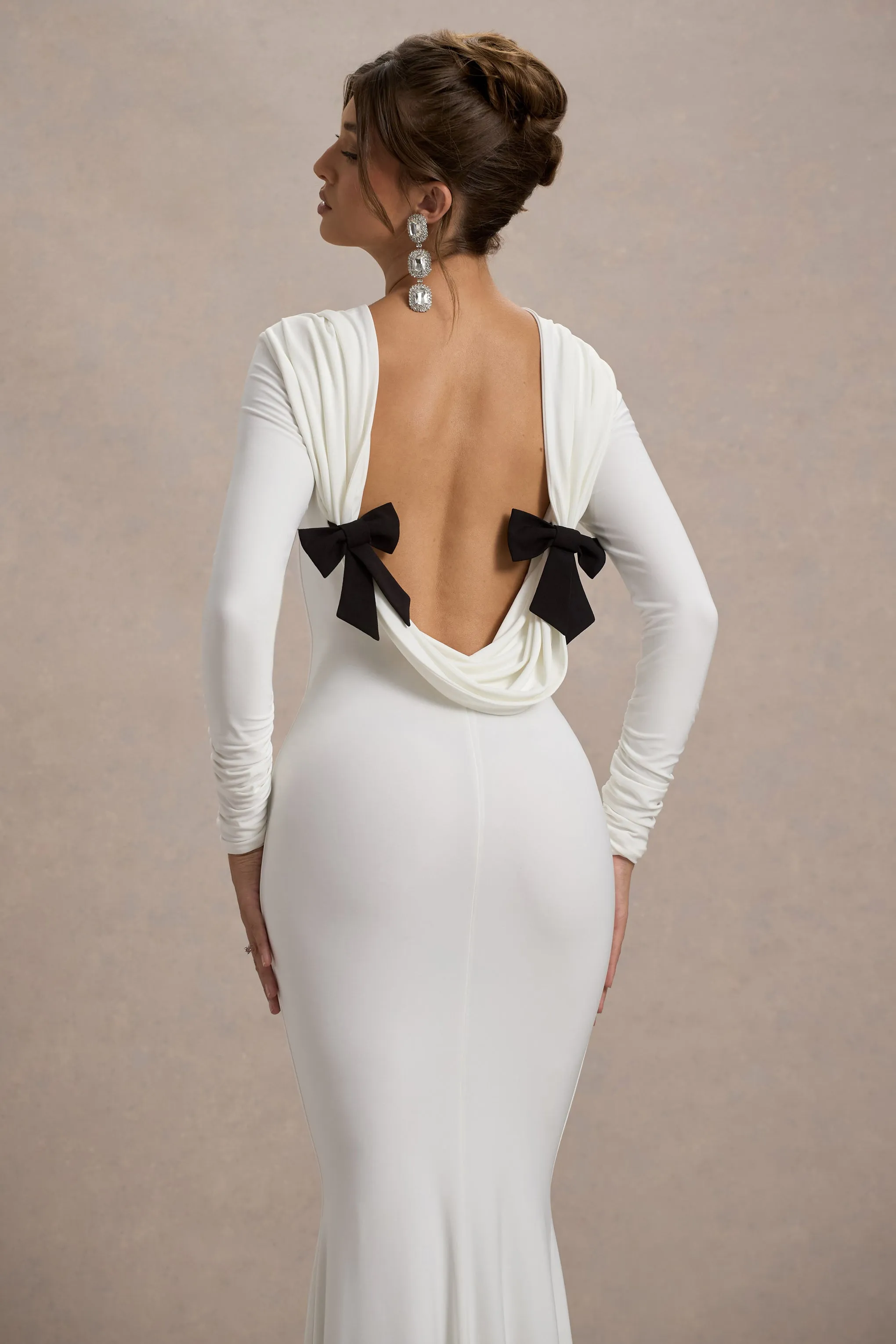 Rosalee | Cream Long-Sleeve Cowl-Back Fishtail Maxi Dress With Bows sold by Club L London product image thumbnail 3