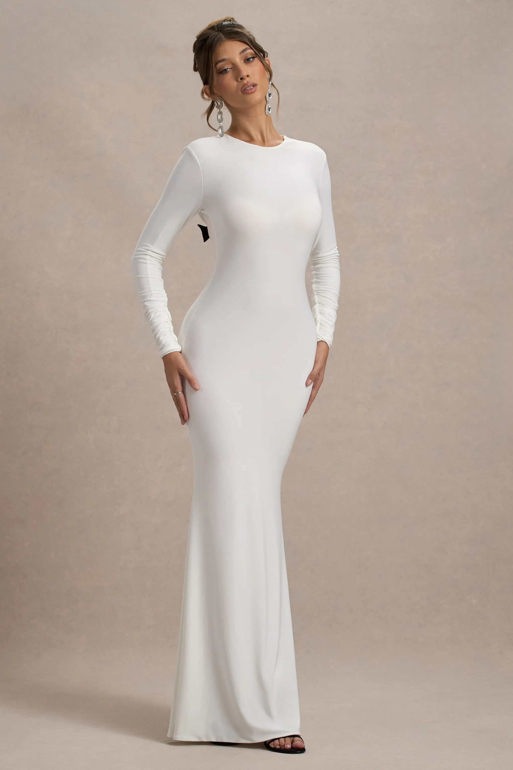 Rosalee | Cream Long-Sleeve Cowl-Back Fishtail Maxi Dress With Bows sold by Club L London product image thumbnail 2