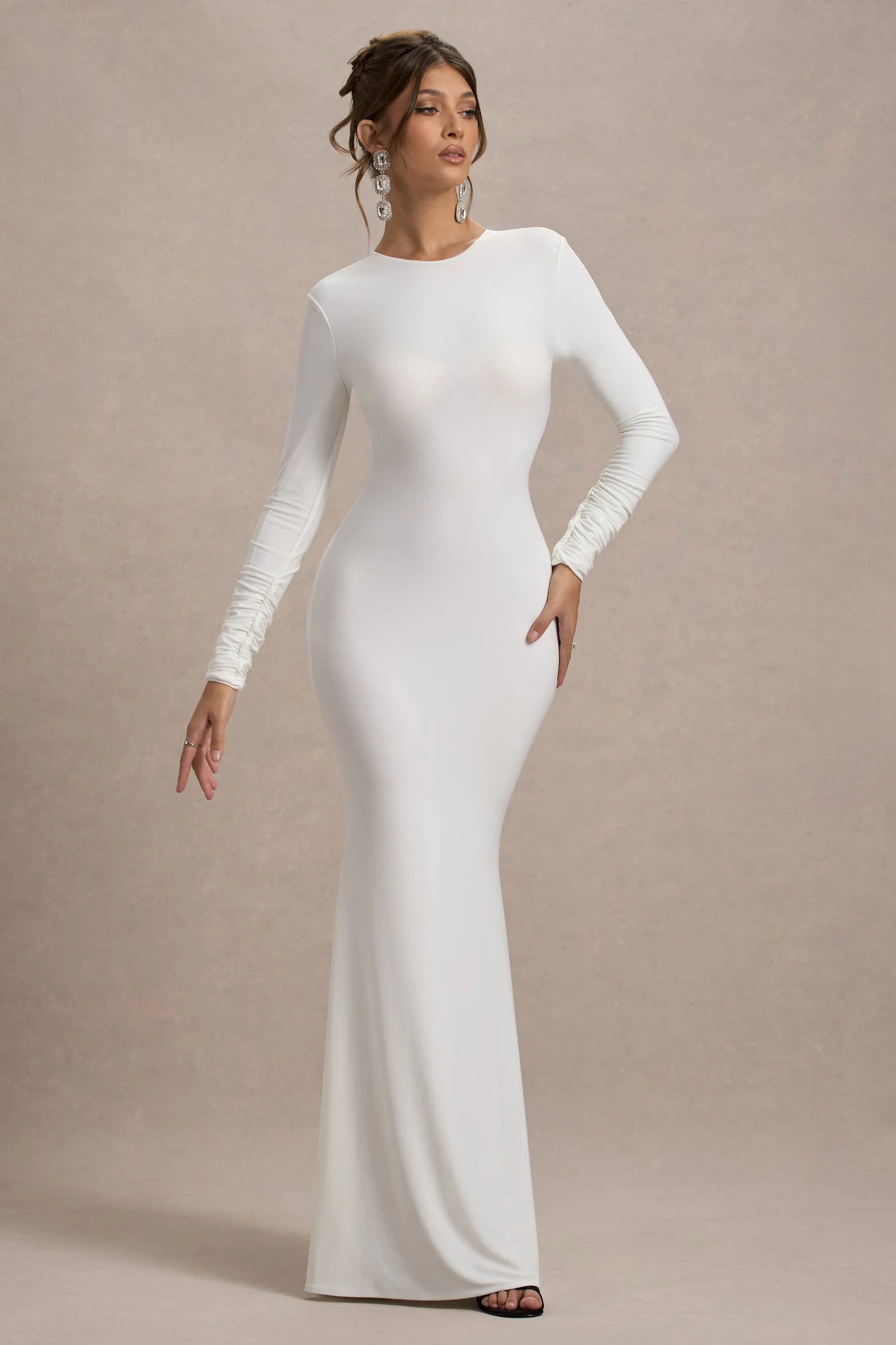 Rosalee | Cream Long-Sleeve Cowl-Back Fishtail Maxi Dress With Bows sold by Club L London product image thumbnail 5