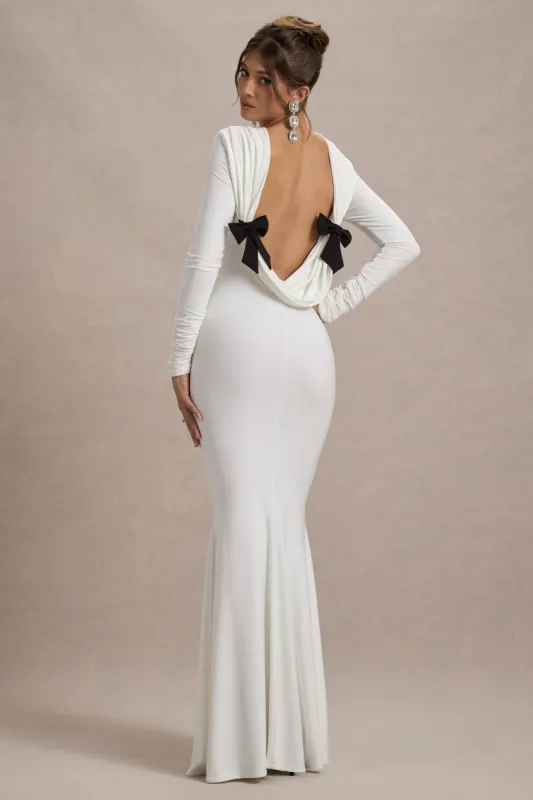 Rosalee | Cream Long-Sleeve Cowl-Back Fishtail Maxi Dress With Bows sold by Club L London