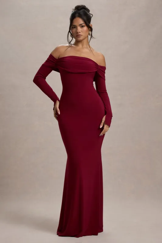 Amaia | Berry Bardot Long-Sleeve Maxi Dress sold by Club L London
