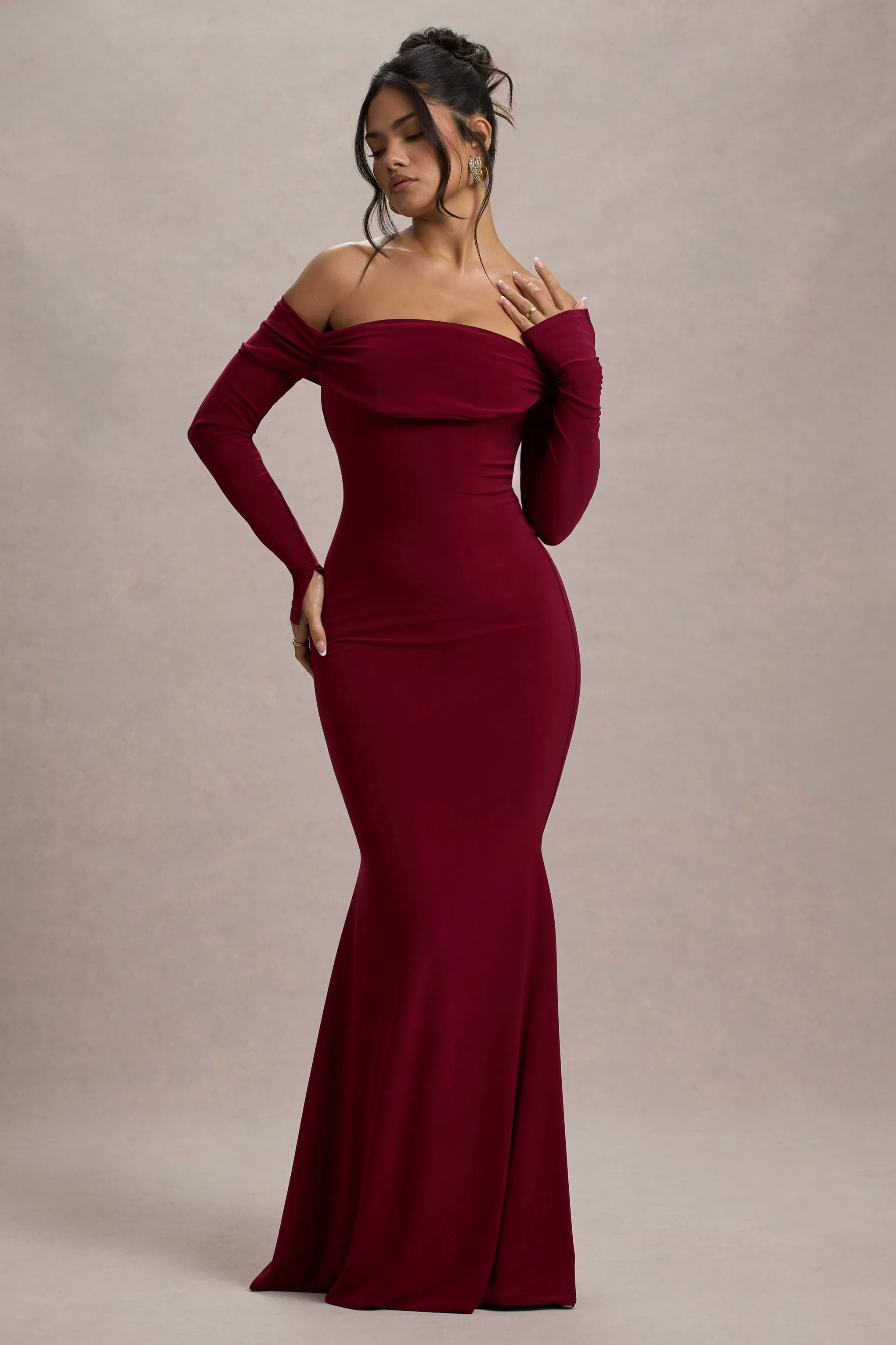 Amaia | Berry Bardot Long-Sleeve Maxi Dress sold by Club L London product image thumbnail 4