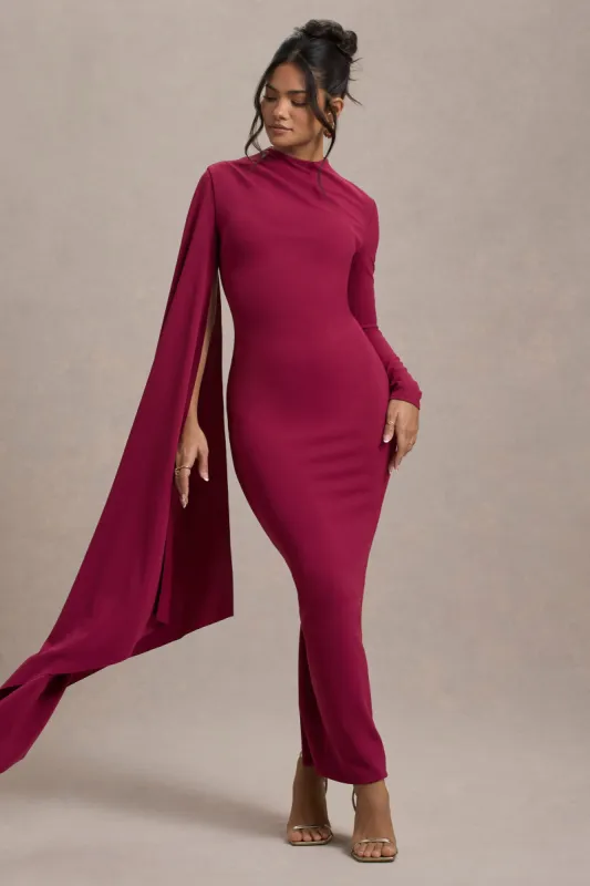Aldona | Mulberry High-Neck Long-Sleeve Maxi Dress With Cape Sleeve sold by Club L London