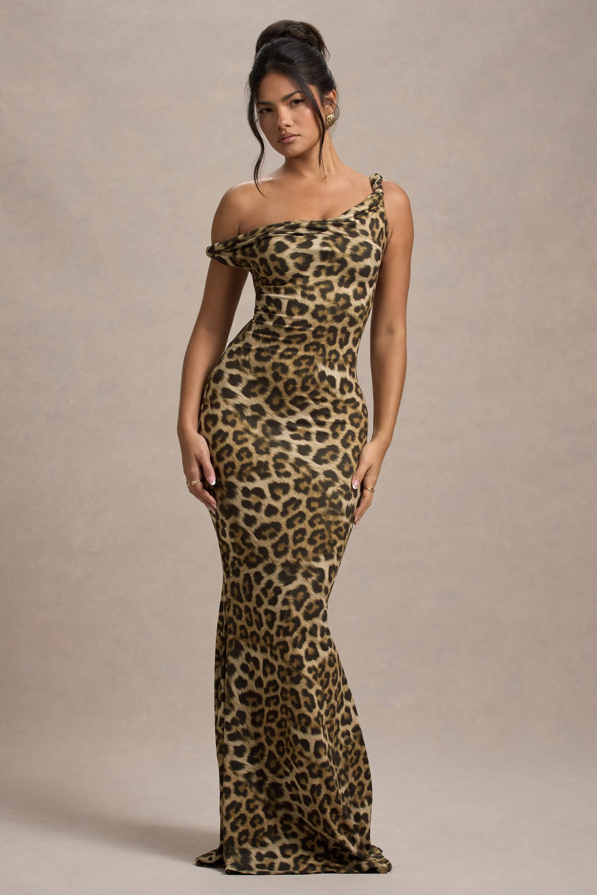 Lita | Leopard Print Twisted Asymmetric Maxi Dress sold by Club L London