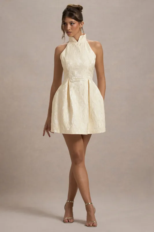 Costa | Ecru Jacquard High-Neck Mini Dress With Pleated Skirt sold by Club L London