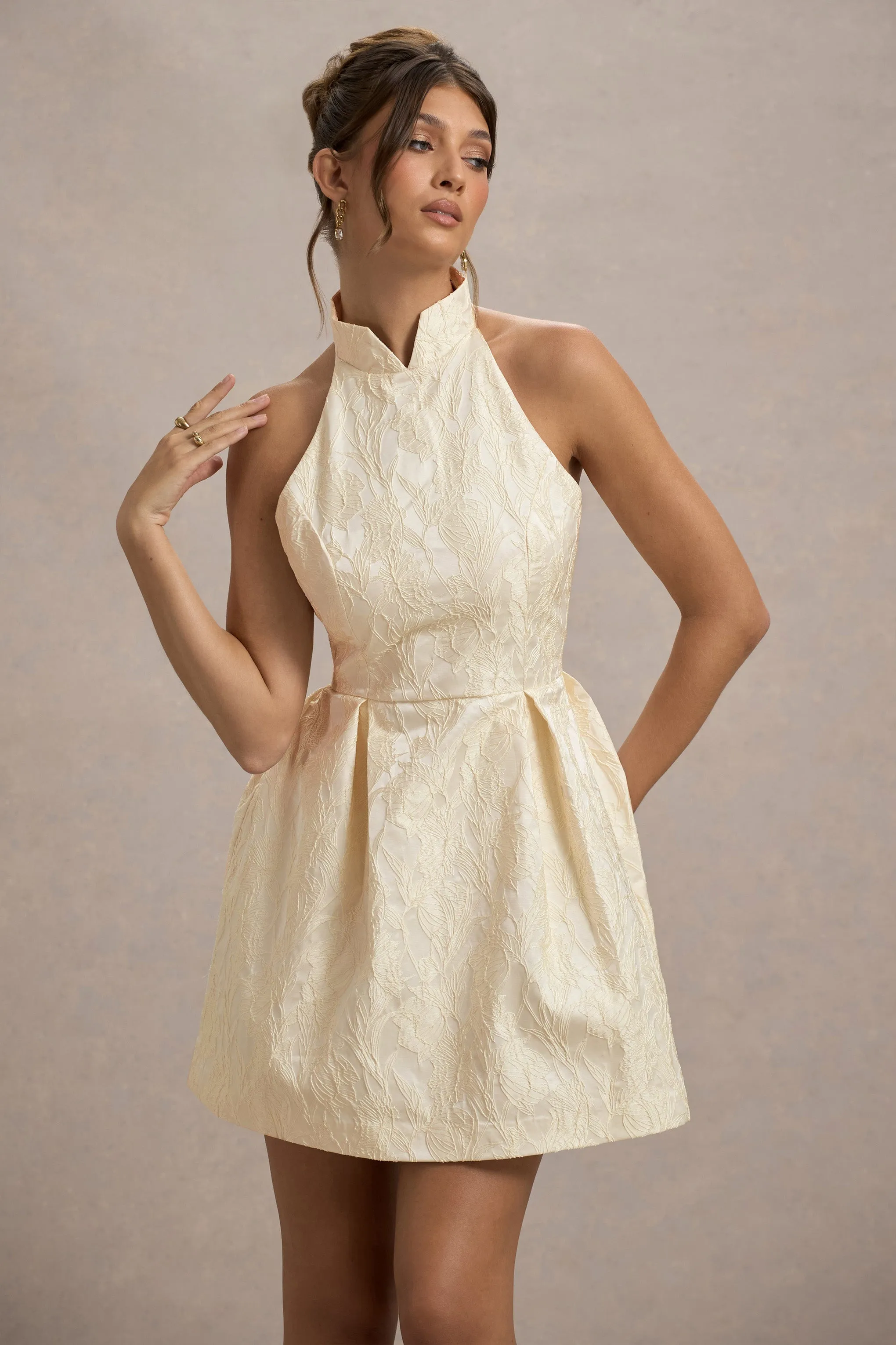 Costa | Ecru Jacquard High-Neck Mini Dress With Pleated Skirt sold by Club L London product image thumbnail 3