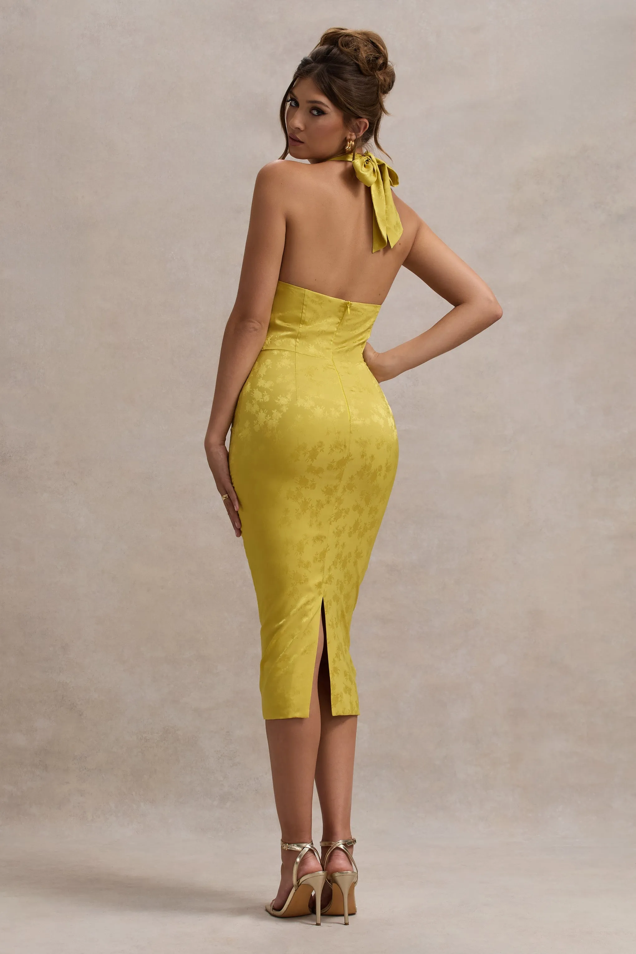 Maciza | Mustard Satin Jacquard Cowl-Neck Midi Dress sold by Club L London product image thumbnail 2