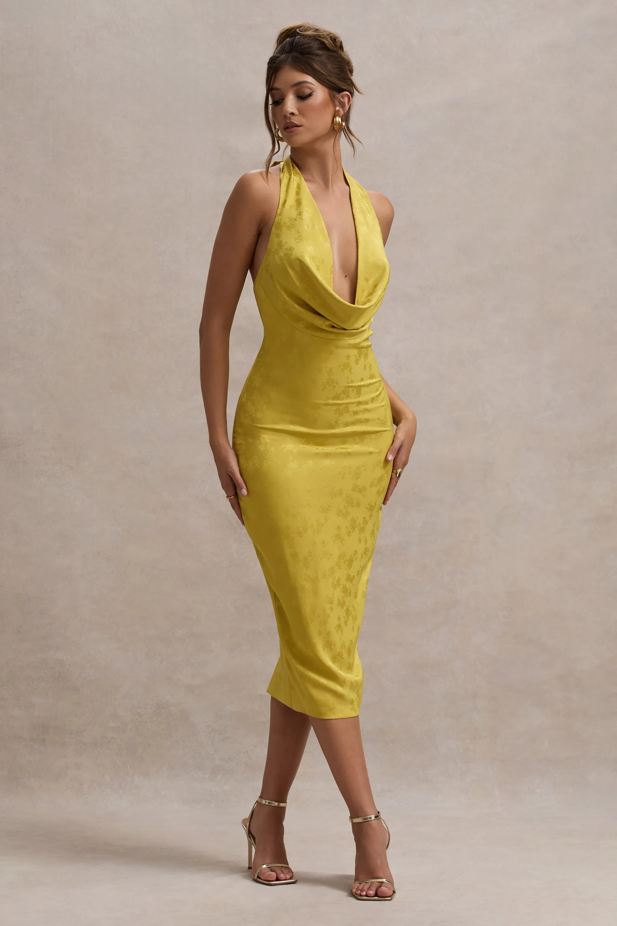 Maciza | Mustard Satin Jacquard Cowl-Neck Midi Dress sold by Club L London