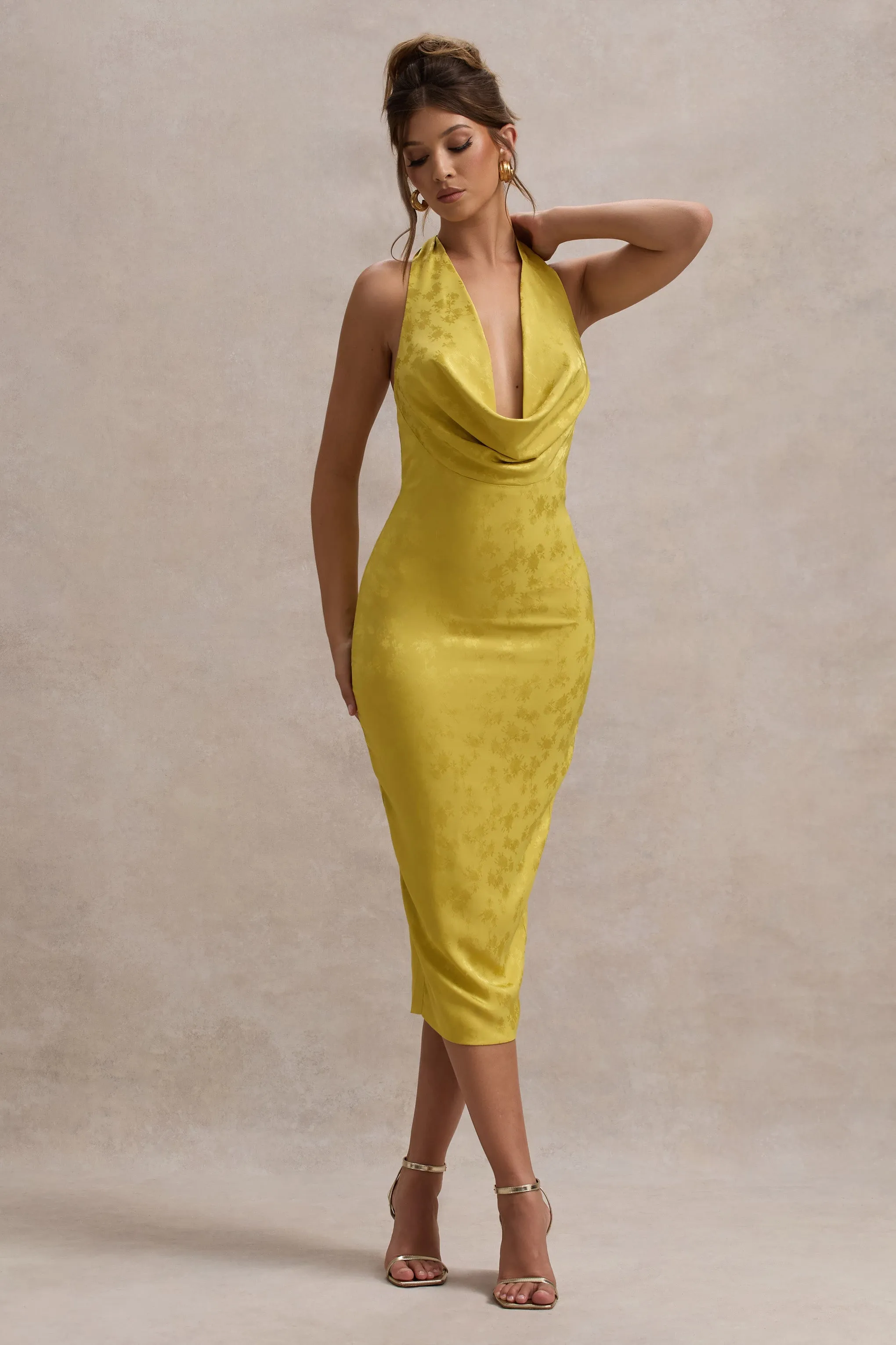 Maciza | Mustard Satin Jacquard Cowl-Neck Midi Dress sold by Club L London product image thumbnail 5