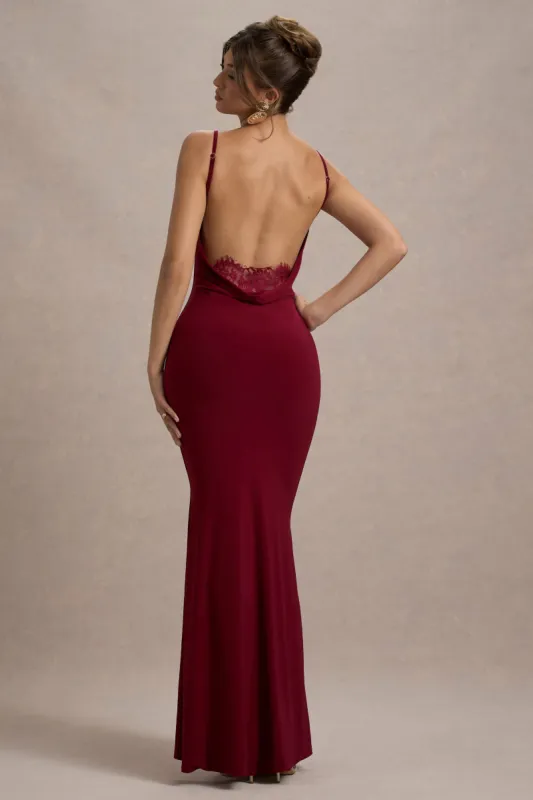 Francoise | Berry Cowl Neck Backless Maxi Dress With Lace Insert made by Club L London
