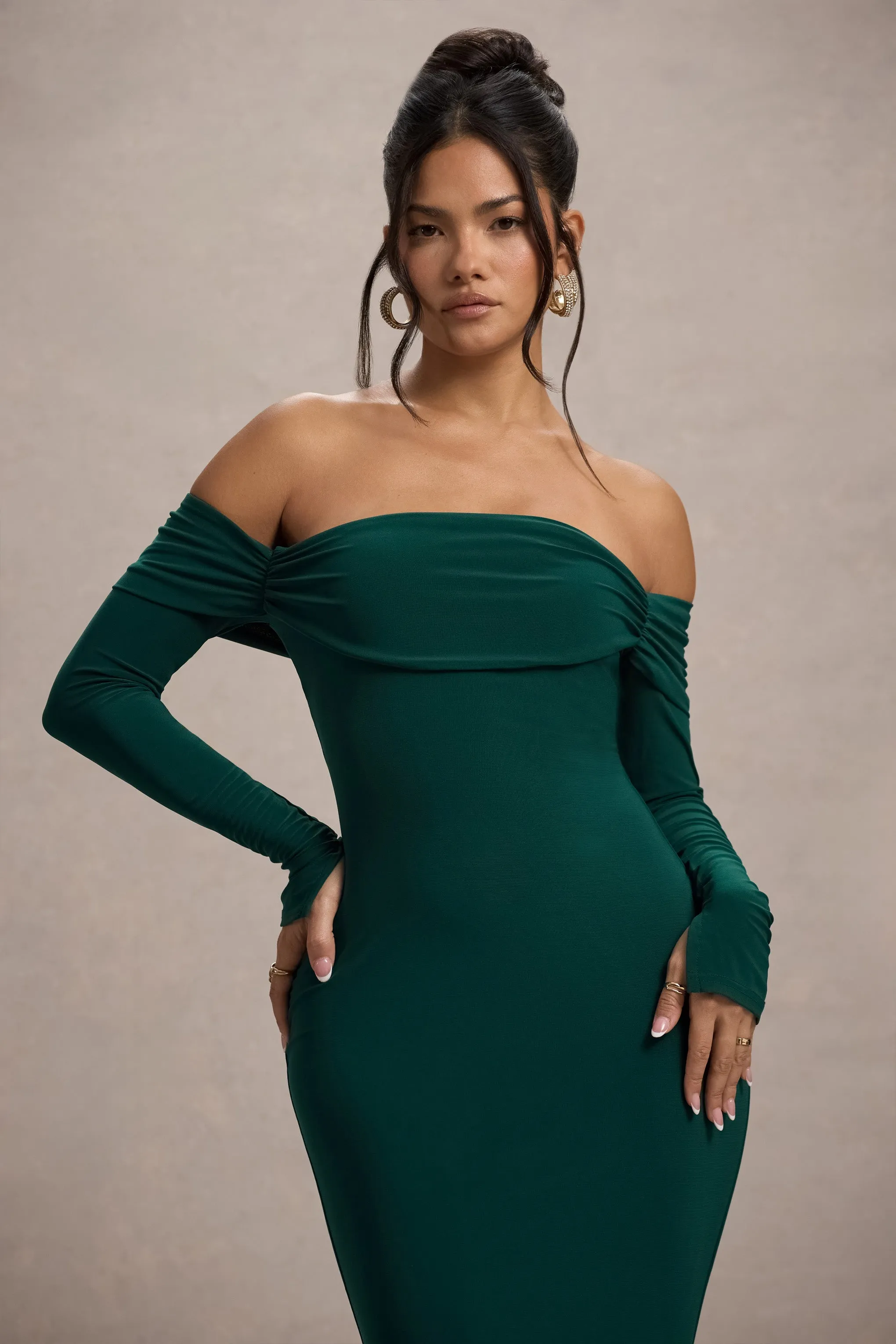 Amaia | Bottle Green Bardot Long-Sleeve Maxi Dress sold by Club L London product image thumbnail 3