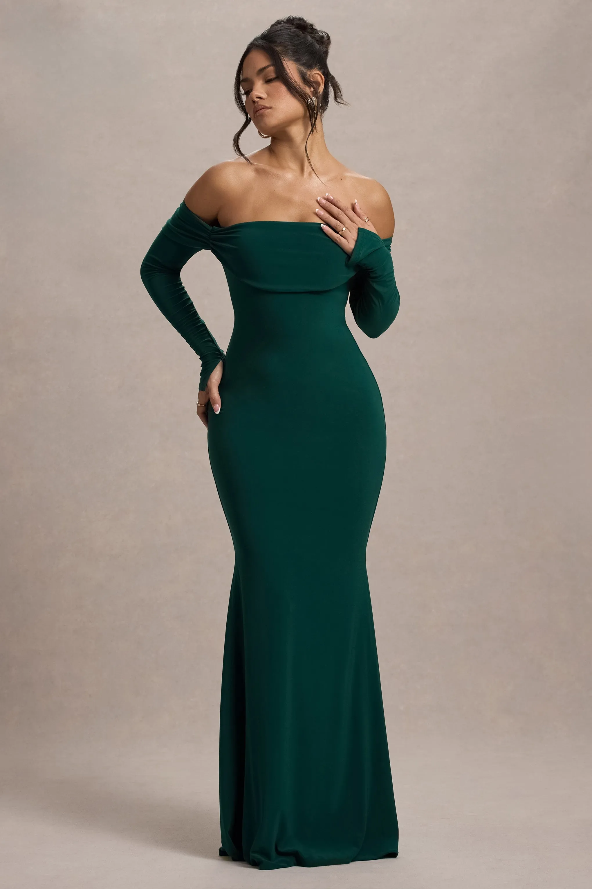 Amaia | Bottle Green Bardot Long-Sleeve Maxi Dress sold by Club L London product image thumbnail 4