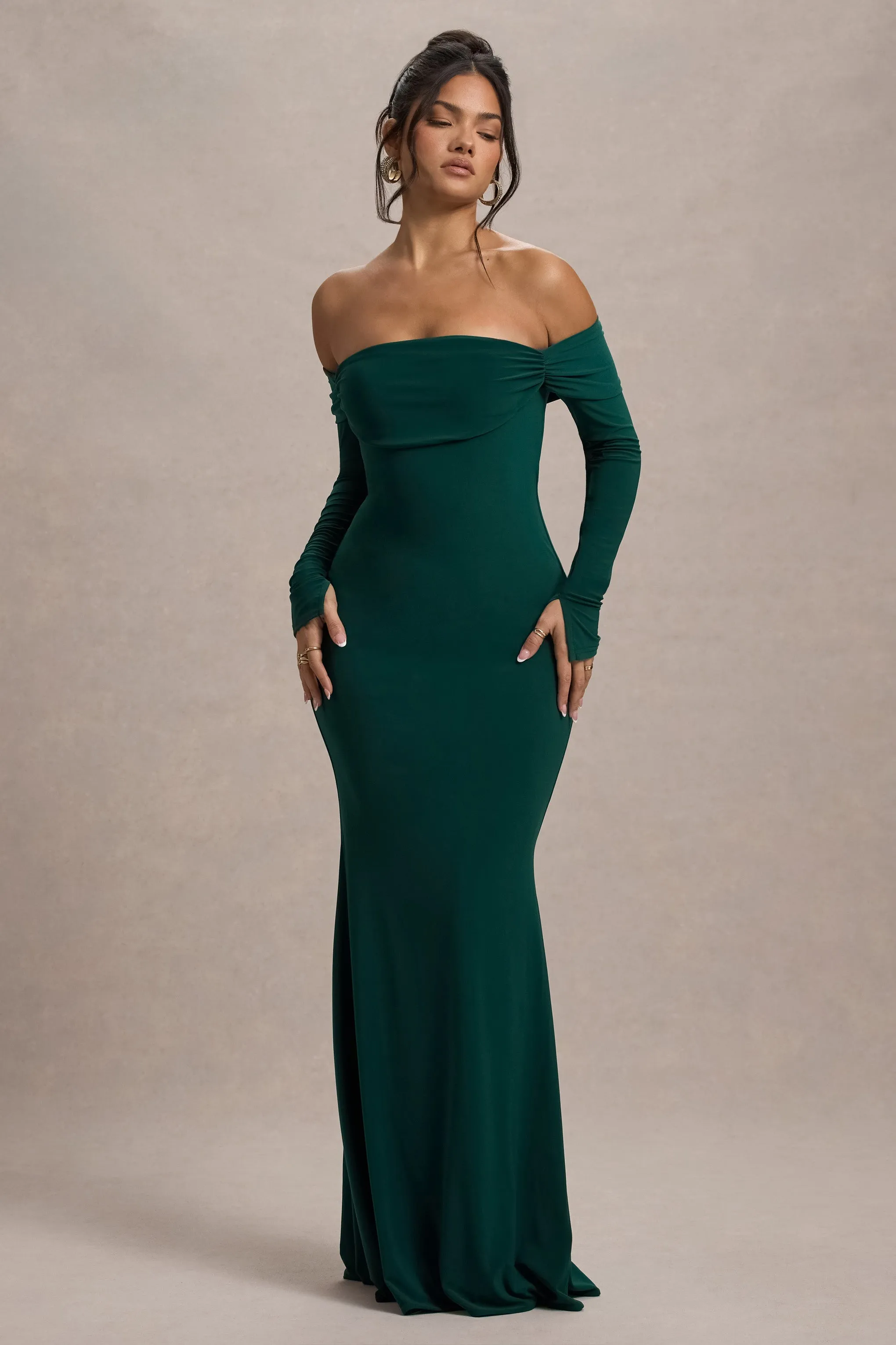 Amaia | Bottle Green Bardot Long-Sleeve Maxi Dress sold by Club L London