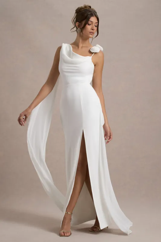 Angeline | White Chiffon Draped Split Maxi Dress With Corsages sold by Club L London