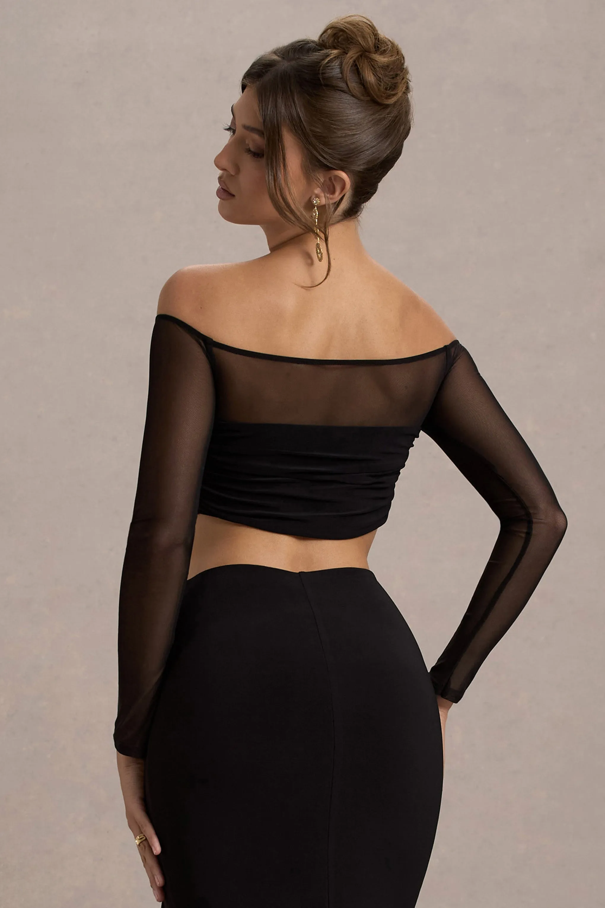 Mei | Black Mesh Bardot Crop Top sold by Club L London product image thumbnail 2