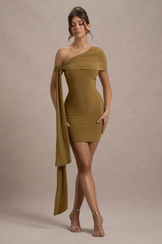 Alessio | Mustard One-Shoulder Mini Dress With Drape sold by Club L London