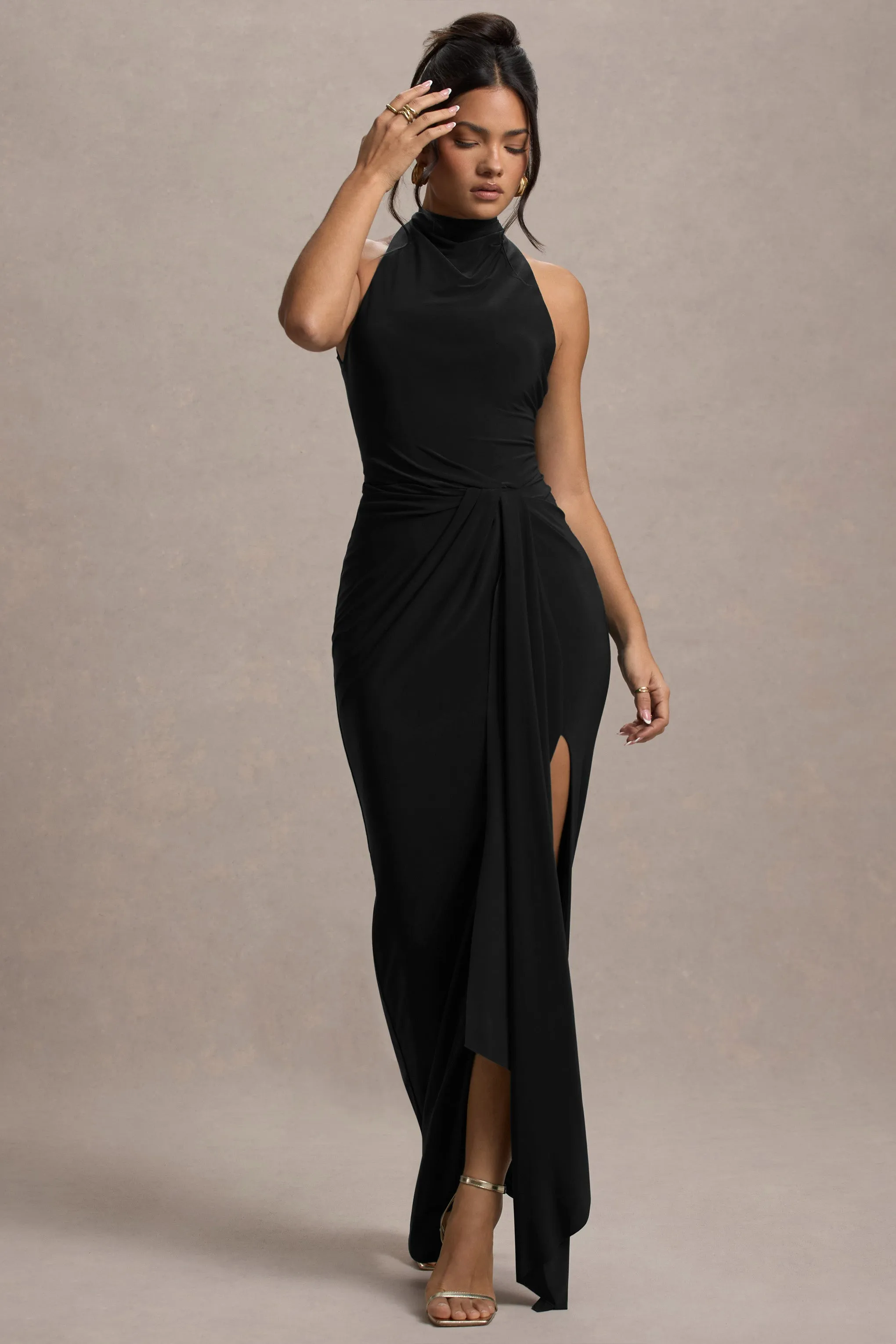 Khari | Black High-Neck Twisted Maxi Dress With Drape sold by Club L London product image thumbnail 4