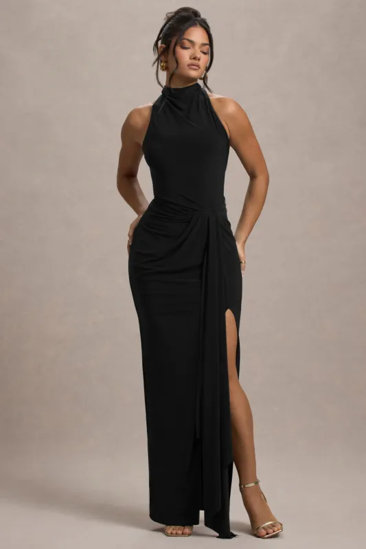 Khari | Black High-Neck Twisted Maxi Dress With Drape sold by Club L London
