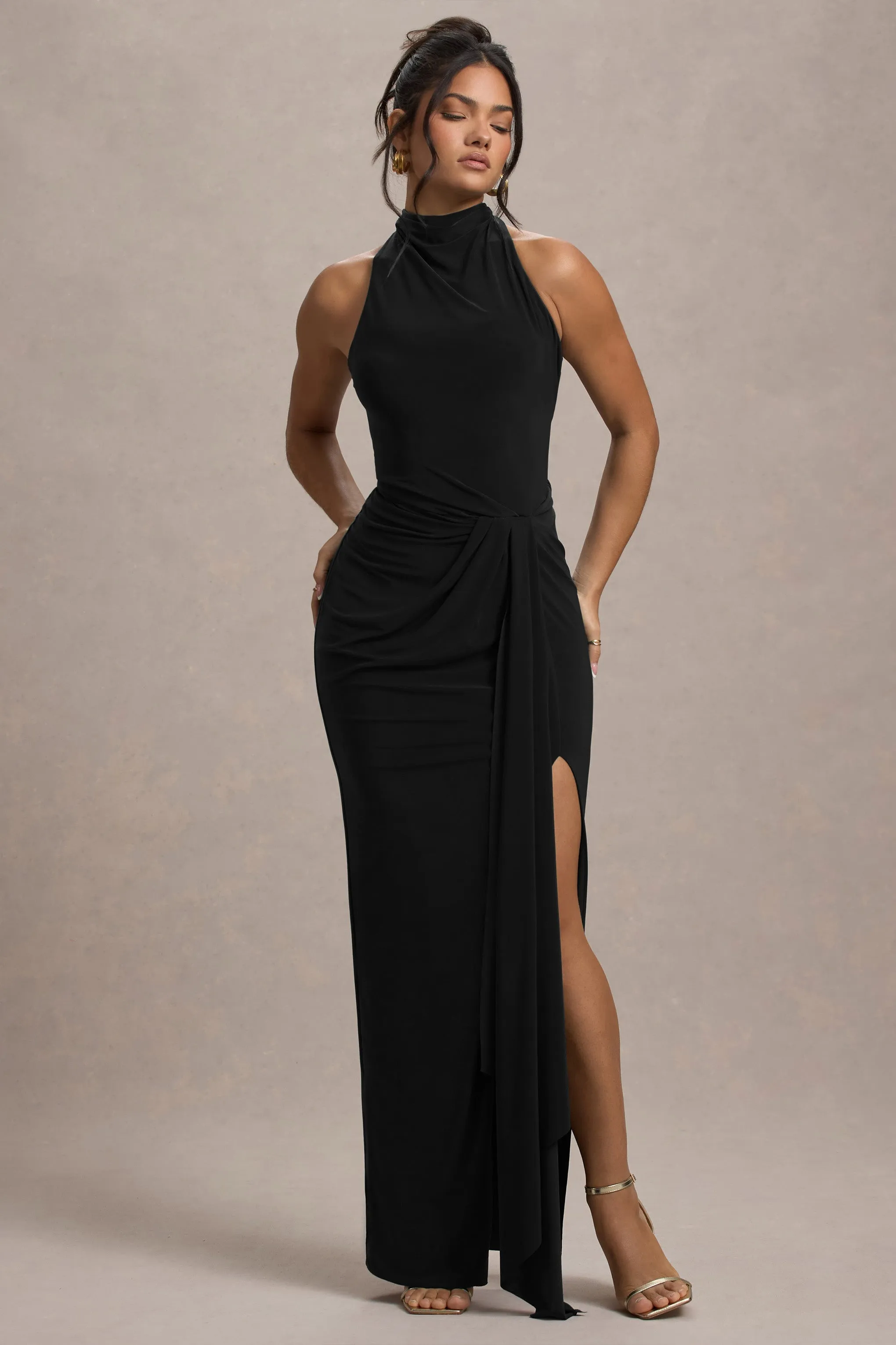 Khari | Black High-Neck Twisted Maxi Dress With Drape sold by Club L London