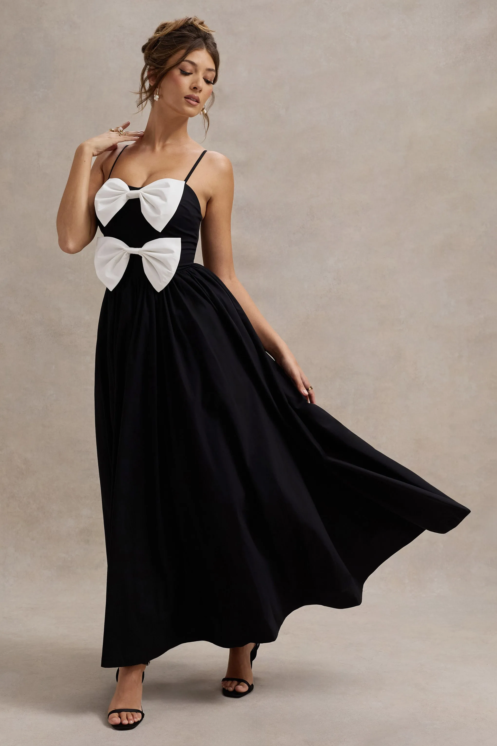Loved Up | Black Strappy Pleated Maxi Dress With Bows sold by Club L London