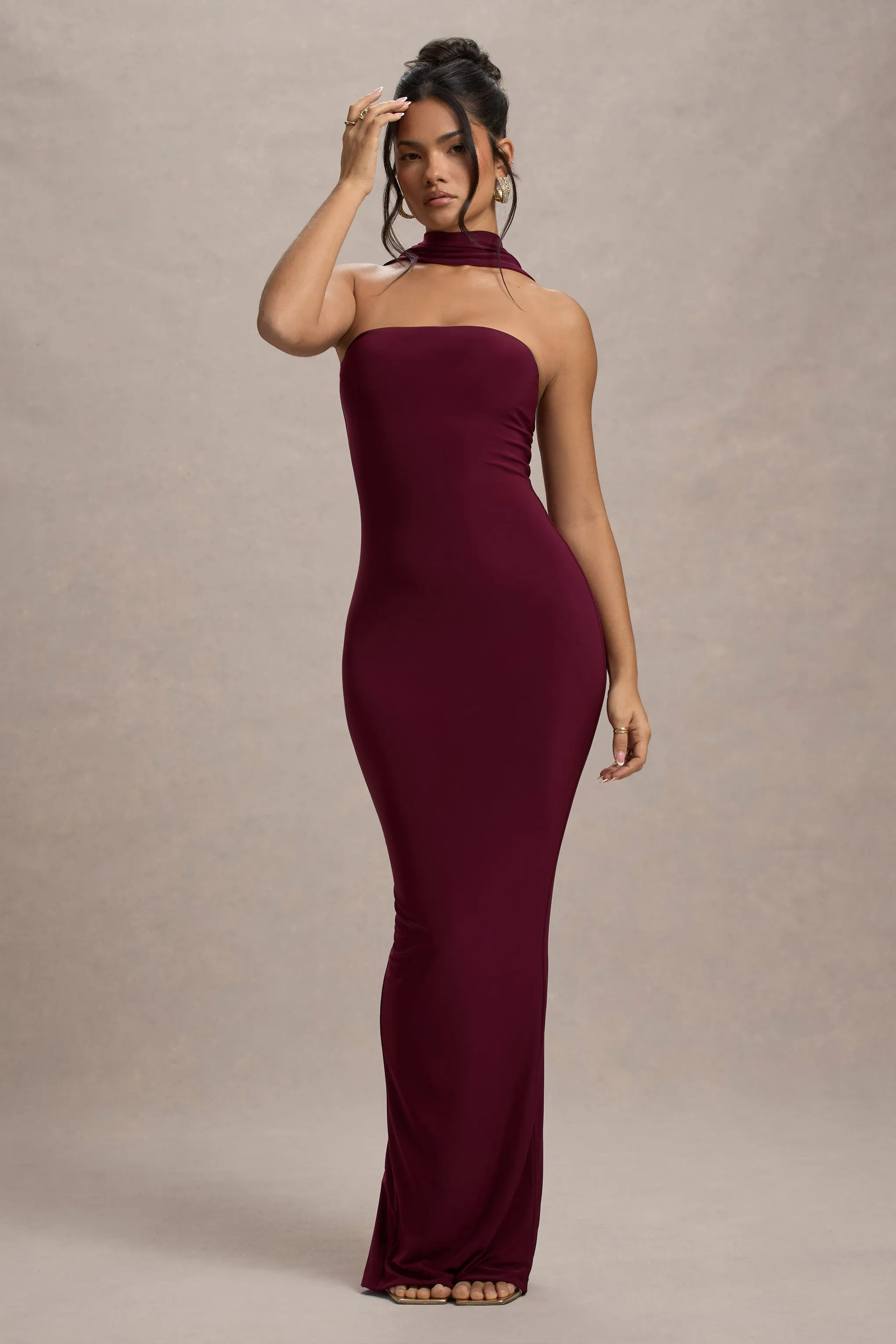 Nobu | Burgundy Bandeau Maxi Dress With Halter-Collar sold by Club L London product image thumbnail 4