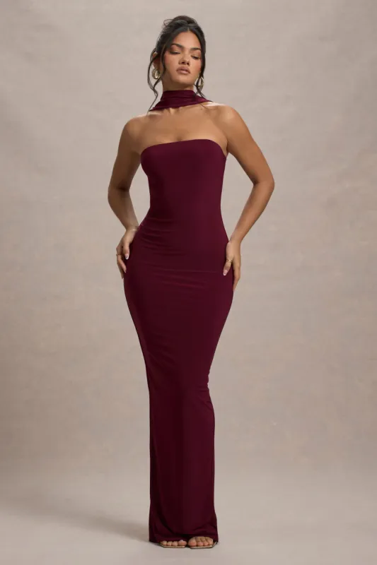 Nobu | Burgundy Bandeau Maxi Dress With Halter-Collar sold by Club L London