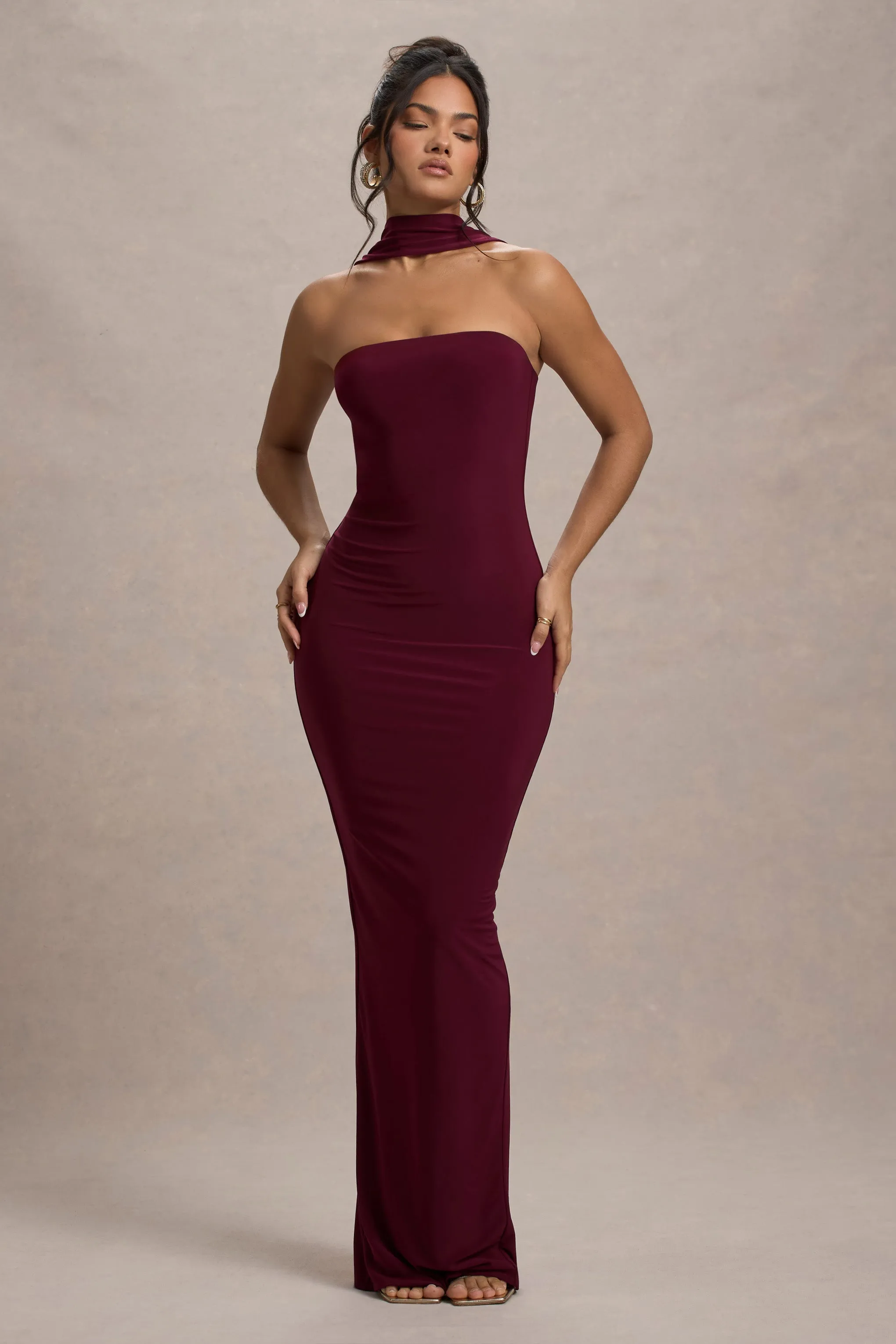 Nobu | Burgundy Bandeau Maxi Dress With Halter-Collar sold by Club L London