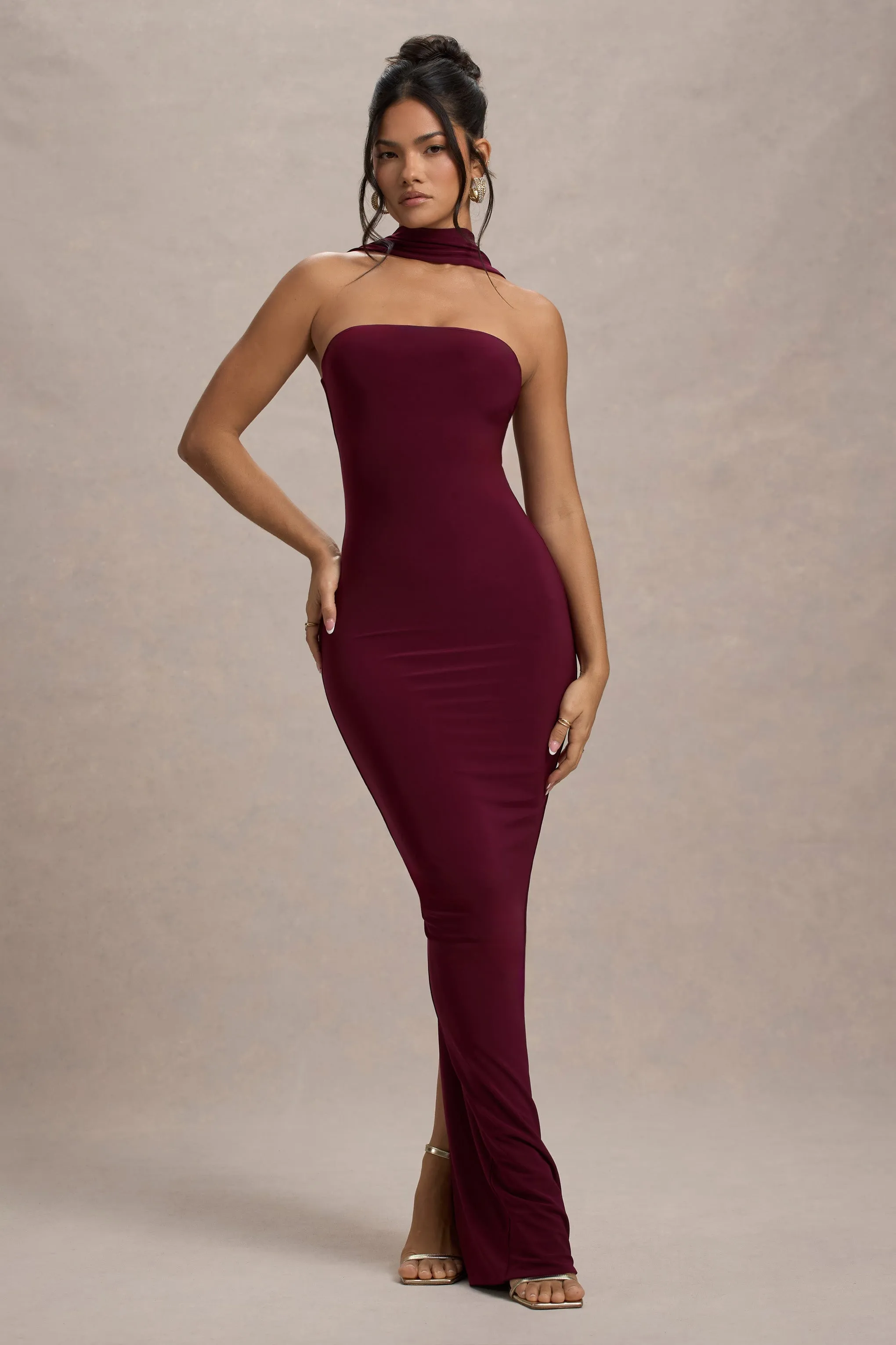 Nobu | Burgundy Bandeau Maxi Dress With Halter-Collar sold by Club L London product image thumbnail 5