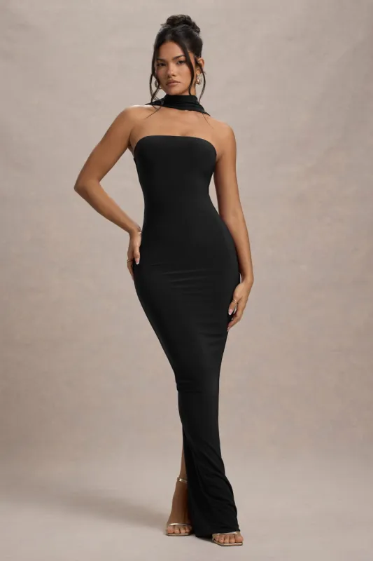 Nobu | Black Bandeau Maxi Dress With Halter-Collar sold by Club L London