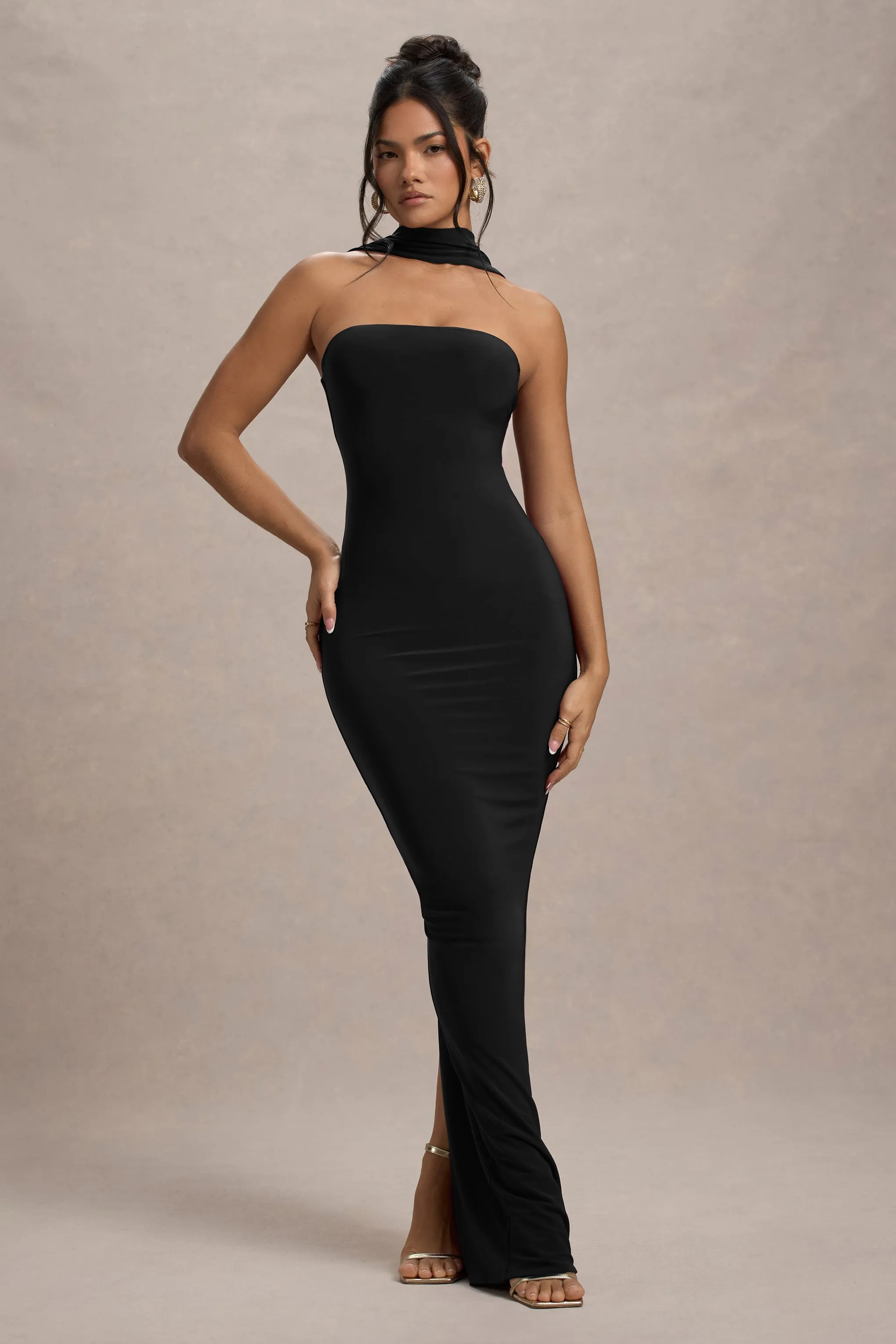 Nobu | Black Bandeau Maxi Dress With Halter-Collar sold by Club L London