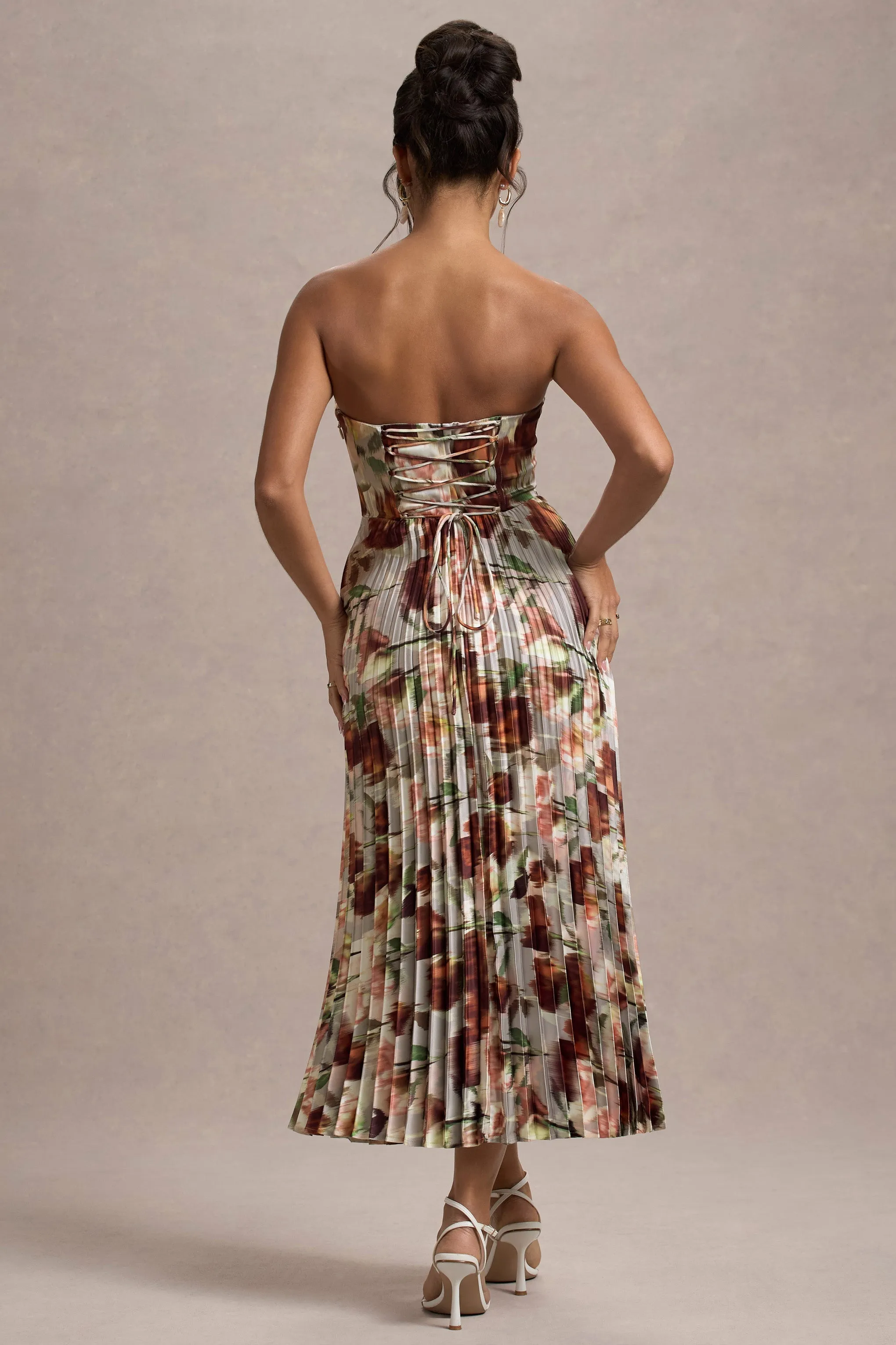 Bordeaux | Cream Floral Print Satin Corset Style Midi Dress sold by Club L London product image thumbnail 2