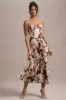 Bordeaux | Cream Floral Print Satin Corset Style Midi Dress sold by Club L London