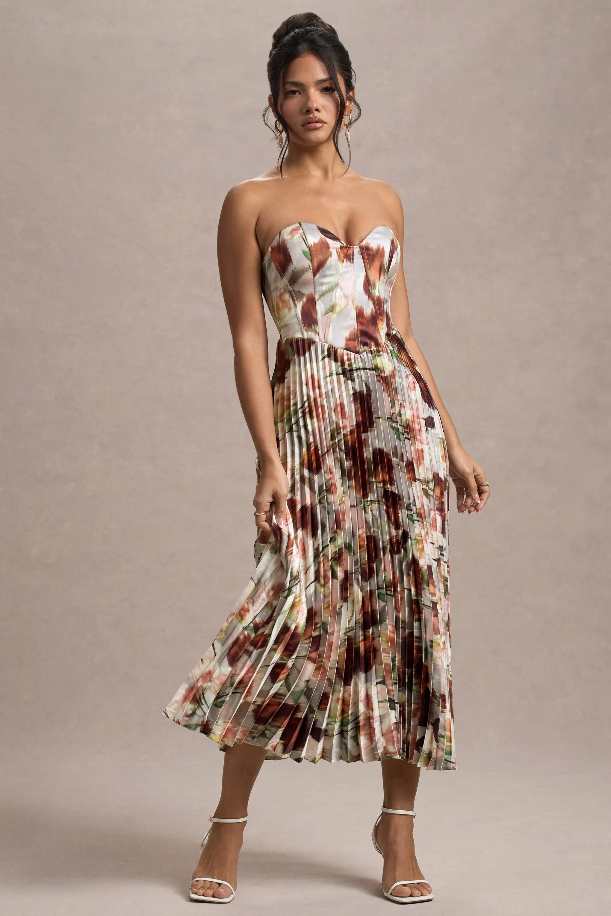 Bordeaux | Cream Floral Print Satin Corset Style Midi Dress sold by Club L London product image thumbnail 4
