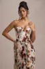 Bordeaux | Cream Floral Print Satin Corset Style Midi Dress sold by Club L London