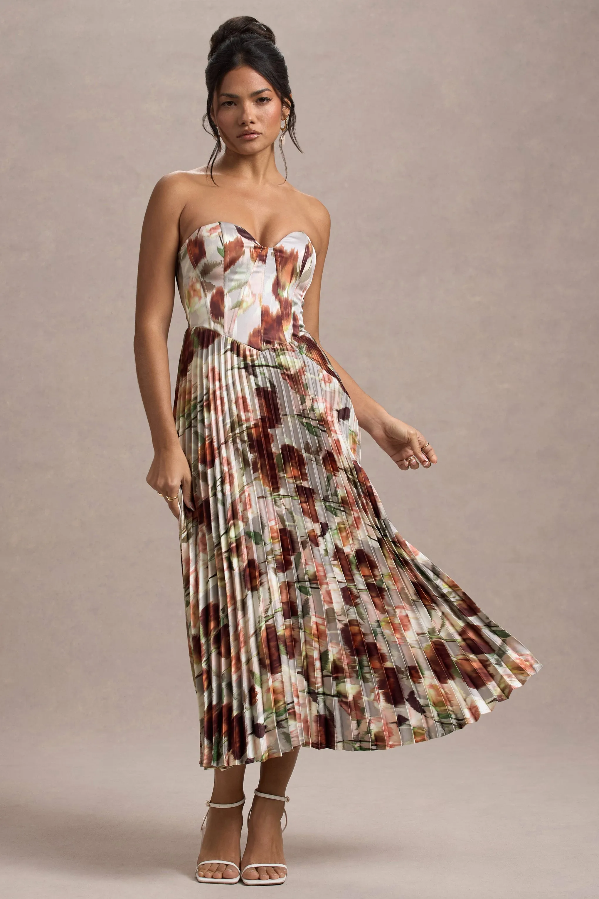 Bordeaux | Cream Floral Print Satin Corset Style Midi Dress sold by Club L London