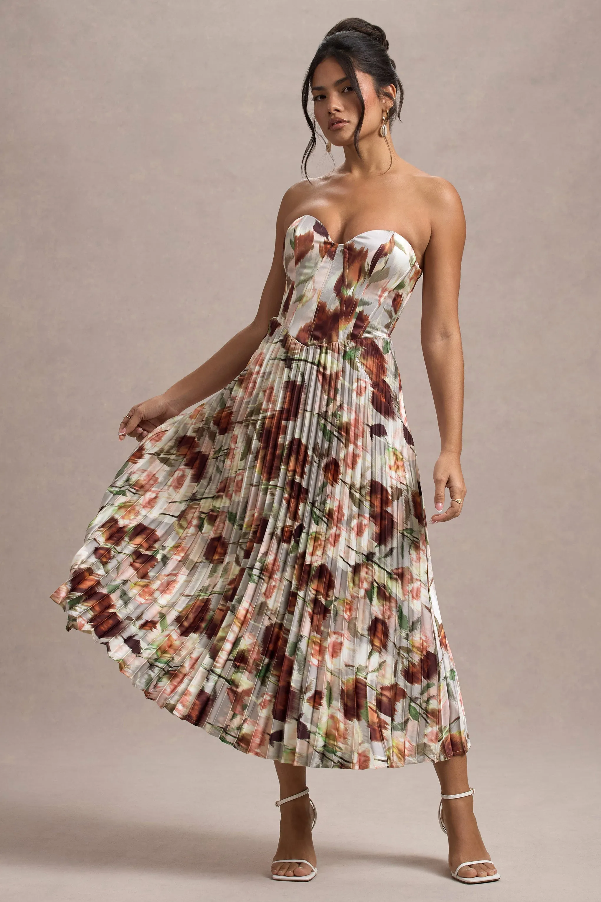 Bordeaux | Cream Floral Print Satin Corset Style Midi Dress sold by Club L London product image thumbnail 5