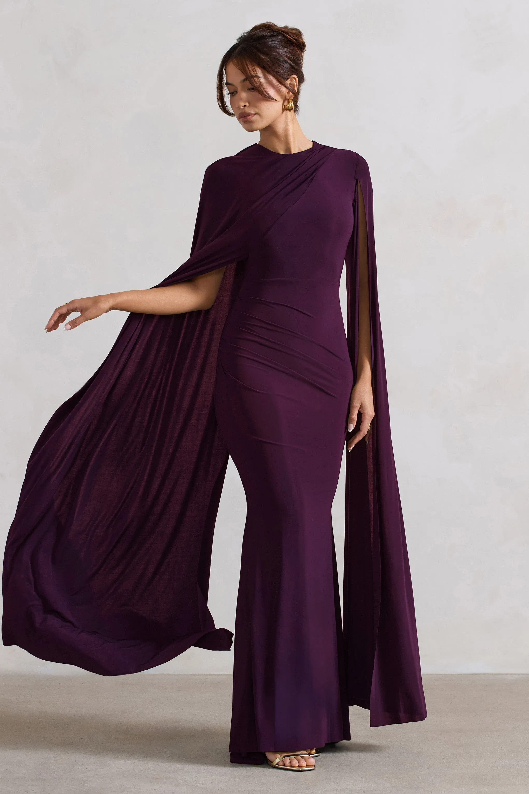 Magdelena | Plum Asymmetric Cape Maxi Dress sold by Club L London product image thumbnail 4