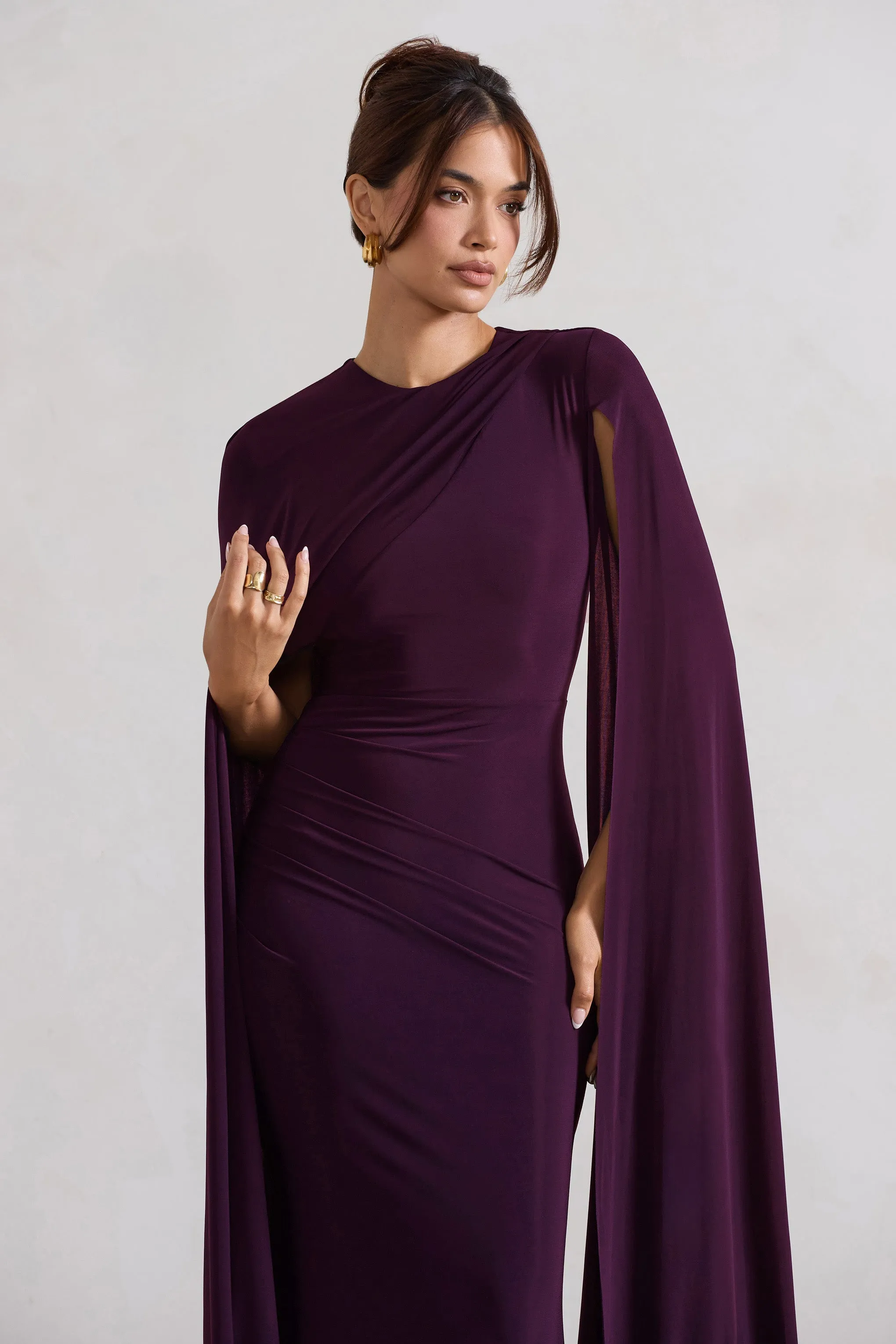 Magdelena | Plum Asymmetric Cape Maxi Dress sold by Club L London product image thumbnail 3