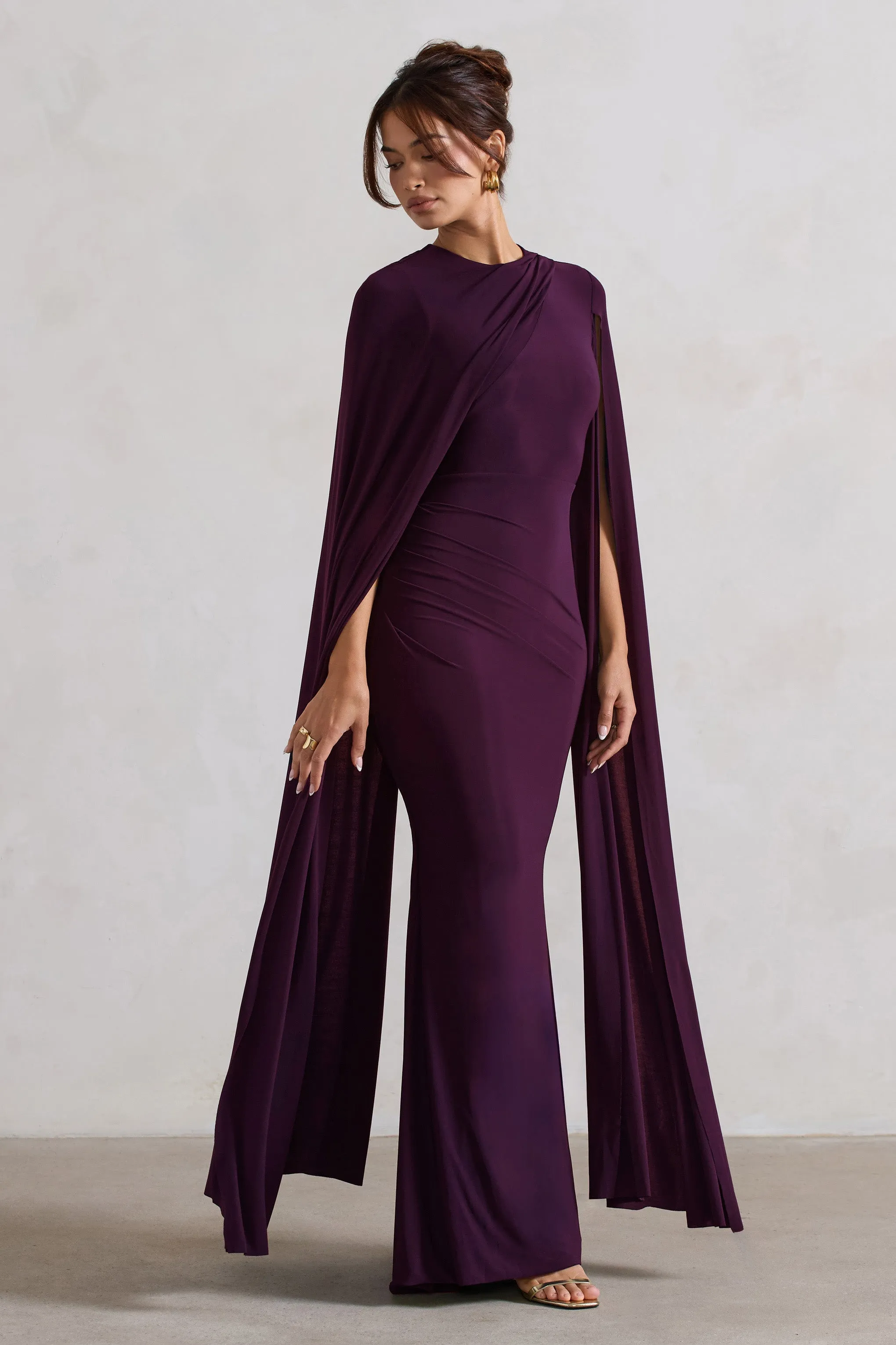 Magdelena | Plum Asymmetric Cape Maxi Dress sold by Club L London product image thumbnail 5