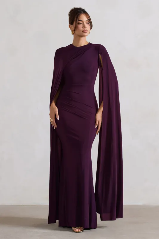 Magdelena | Plum Asymmetric Cape Maxi Dress sold by Club L London