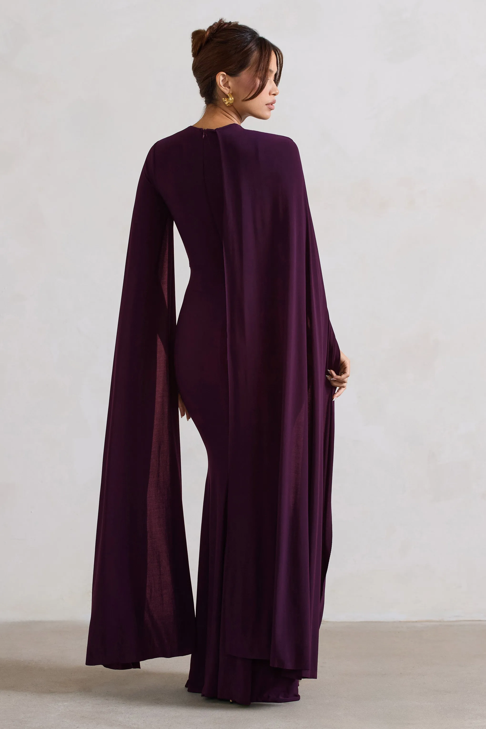 Magdelena | Plum Asymmetric Cape Maxi Dress sold by Club L London product image thumbnail 2
