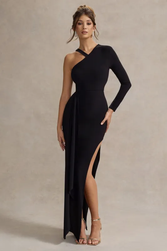 Zhuri | Black Asymmetric One-Sleeve Draped Maxi Dress sold by Club L London