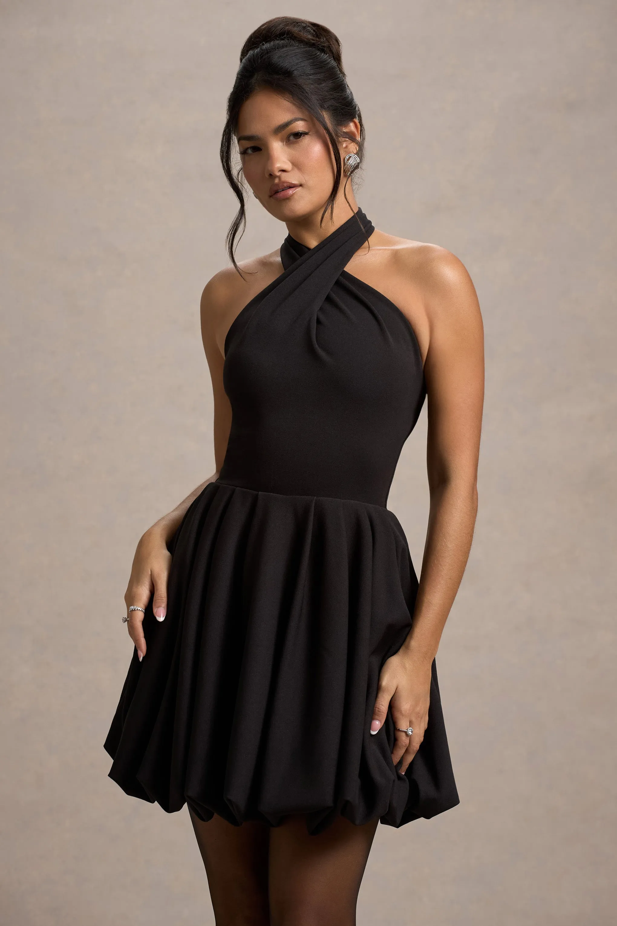 Klytie | Black Halter-Neck Mini Dress With Puff-Ball Skirt sold by Club L London product image thumbnail 3