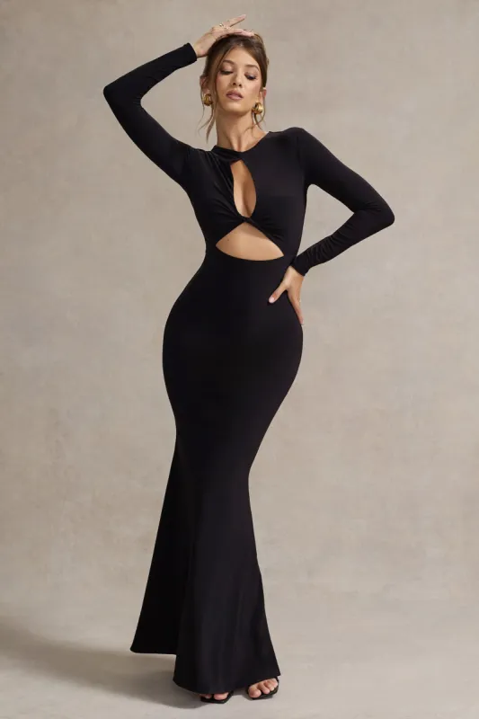 Denisse | Black Long-Sleeve Cut-Out Twisted Maxi Dress sold by Club L London