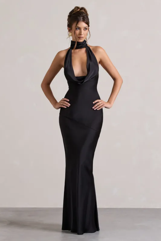 Matea | Black Satin Cowl-Neck Maxi Dress sold by Club L London