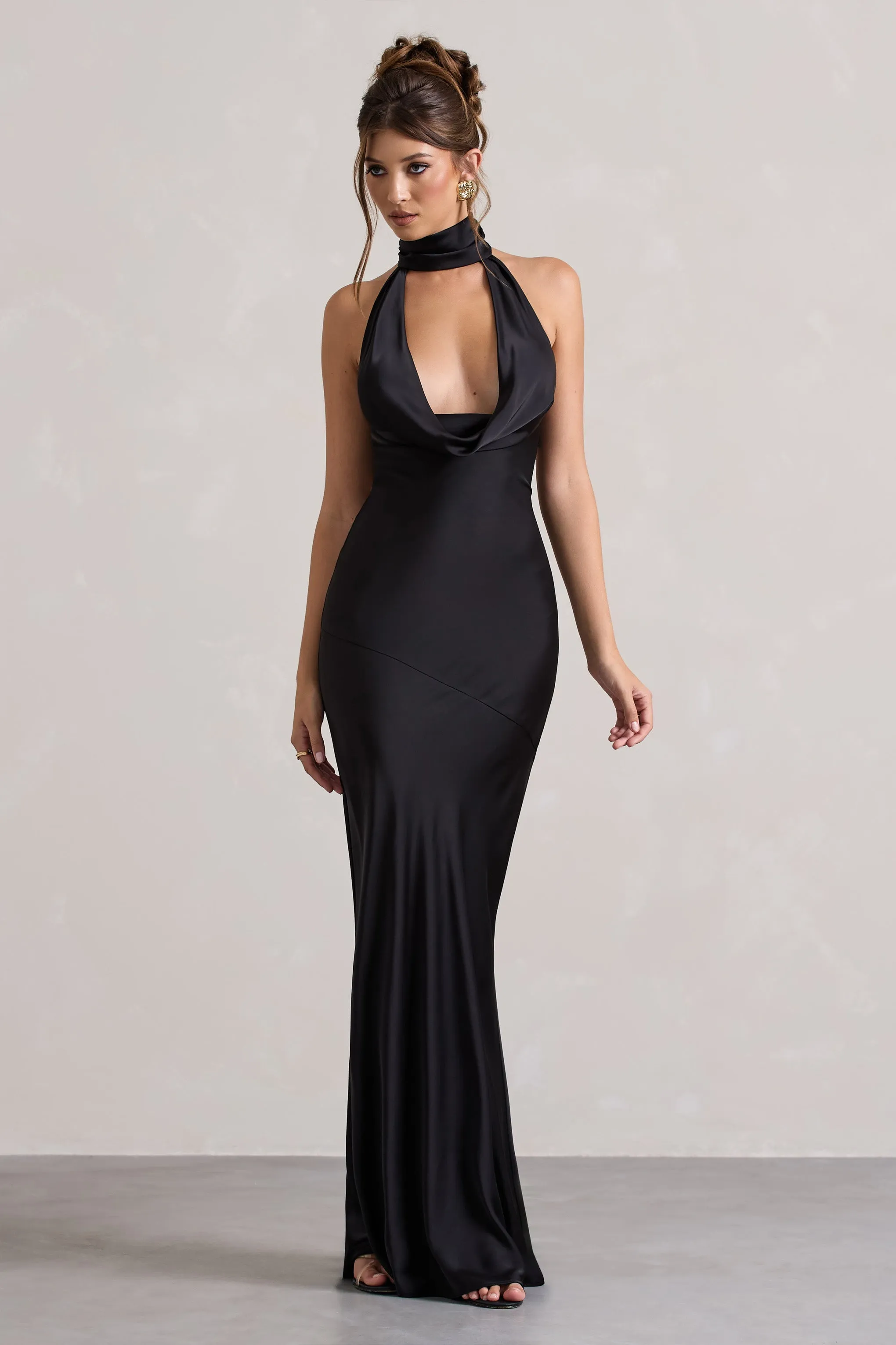 Matea | Black Satin Cowl-Neck Maxi Dress sold by Club L London product image thumbnail 4