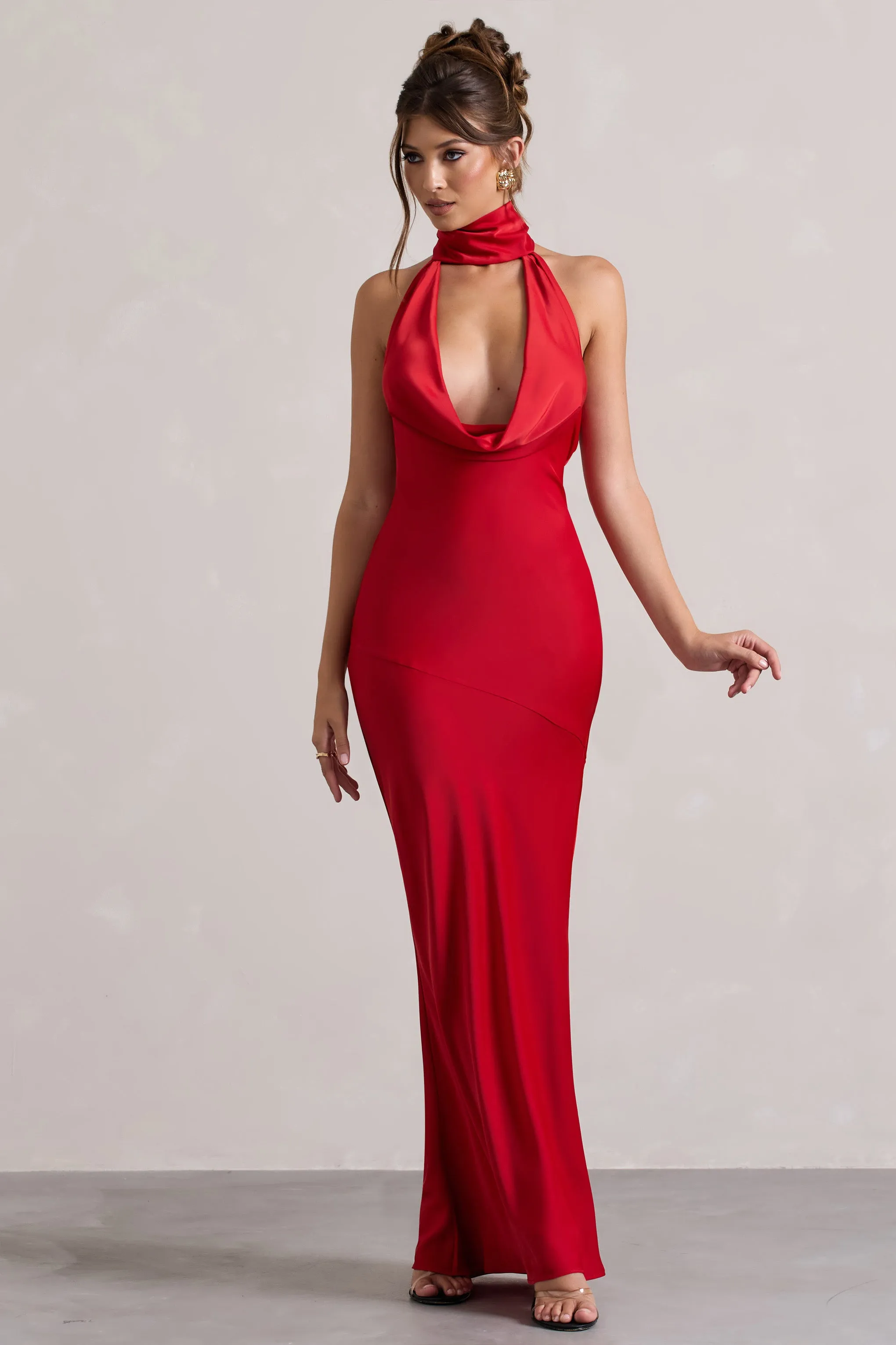Matea | Red Satin Cowl-Neck Maxi Dress sold by Club L London product image thumbnail 5