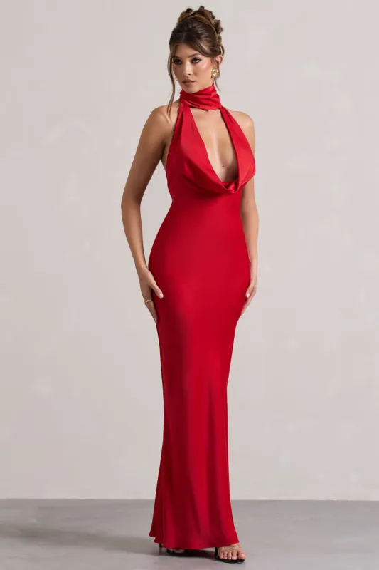 Matea | Red Satin Cowl-Neck Maxi Dress sold by Club L London